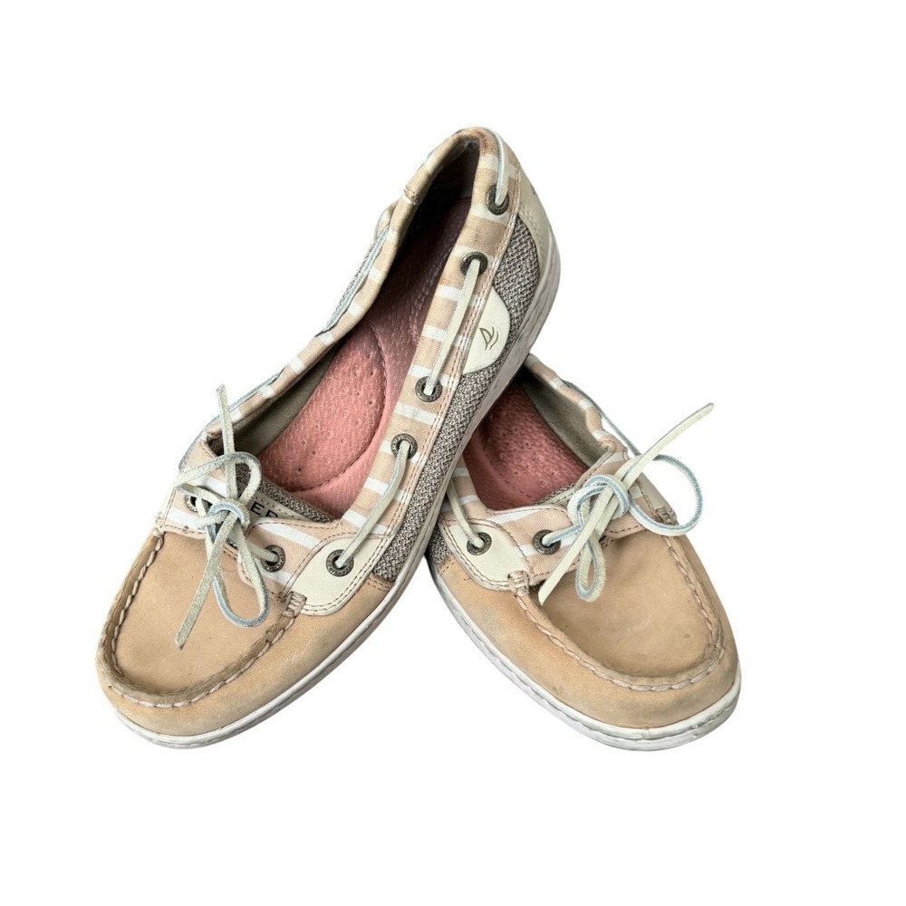 Sperry Top-Sider Women's 8M Tan White Striped Boat Shoes Leather‎ Mesh 9265786